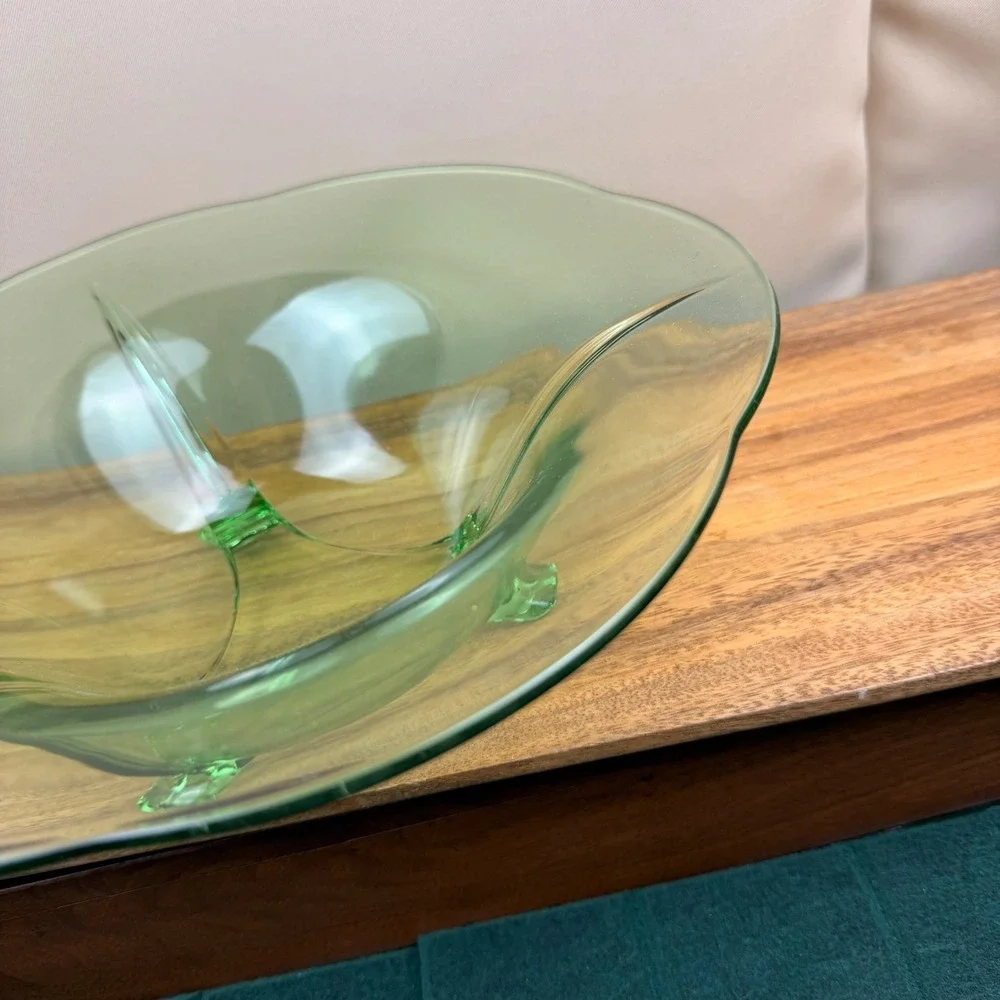 Green Uranium Glass Footed Bowl Vintage Depression Glass 12